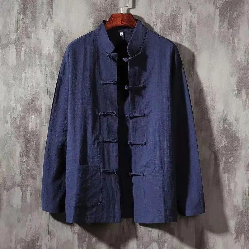 Plus Size Men Cotton Linen Shier Autumn Spring Men Collarless Long Sleeve Frog Button Loose Blouse Tops Oversized