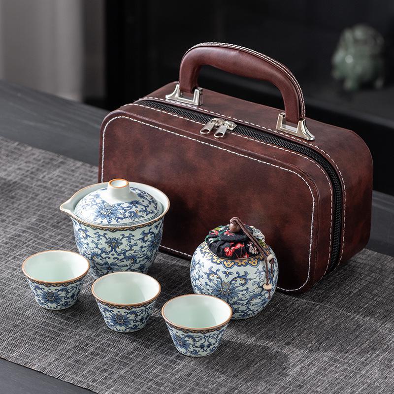 Dingyao blue and white travel tea set, one pot and three cups, outdoor portable set, light luxury business company commemorative gift