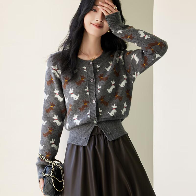 

VICTORIA&VERA Women s Retro Animal Jacquard Knitted Cardigan S