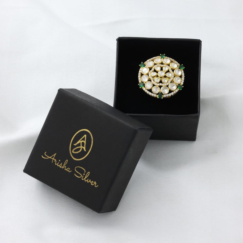 Inel Indian Kundan pentru Femei Argint Sterling 925 Bijuterii Handmade, Inel Kundan cu Finisaj Auriu, Inel Statement pentru Femei Inel Polki, Inel Ajustabil cu Moissanit