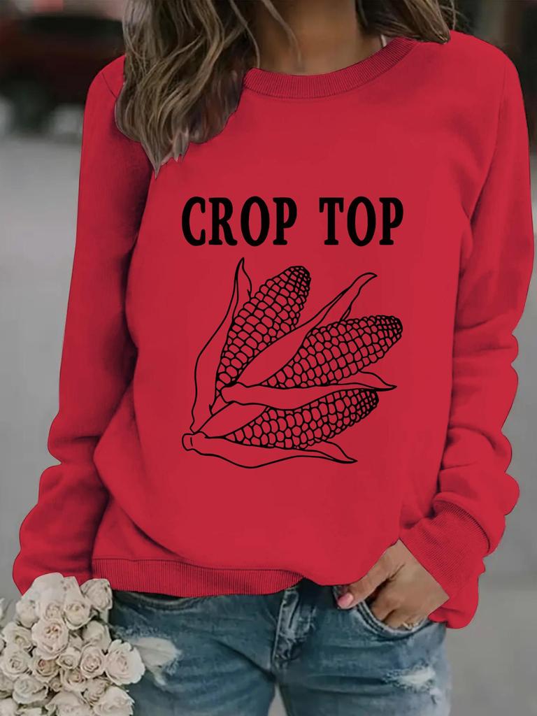 Autumn/Winter Women's Casual Long-Sleeve Corn Print Crop Sweatshirt