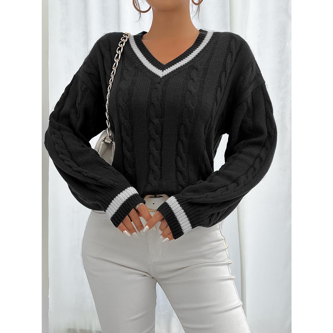 

Свитер с контрастной отделкой, элегантный свитер с рукавами-фонариками и V-образным вырезом для осени и зимы, женская одежда XL чёрный