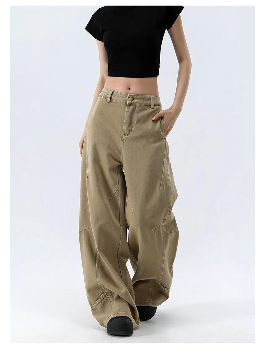 American High Street Khaki Retro Wide-Leg Women s Jeans - Spring Loose Drape Straight-Leg, Floor-Length. XL