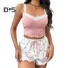 Women's 2 Piece Ribbed Pajama Set Sleeveless Lace Crop Cami Top And Tie Waist Shorts Set Summer Lounge Sleepwear Set