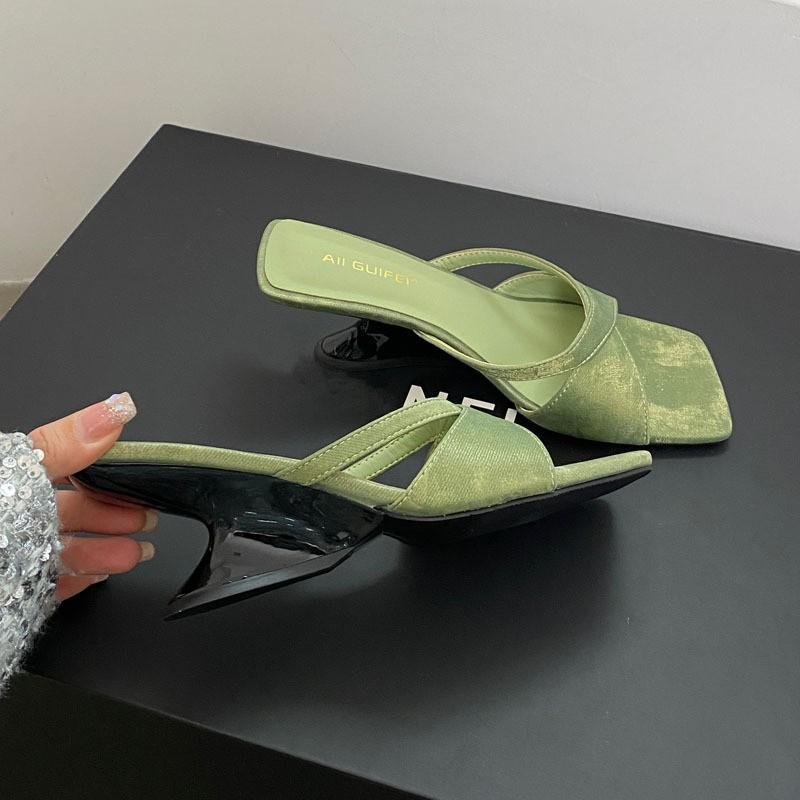 

Новые китайские туфли-тапочки с открытым носком и особым наклонным каблуком, женские летние туфли с квадратным носком и высоким каблуком, односложные 39 зелёный
