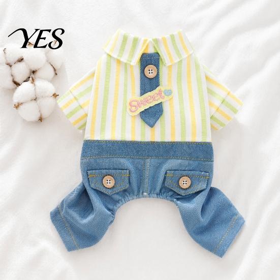 Spring Dog Clothes Striped Shirt Pet Jumpsuit, Four-Legged Clothes, Denim Pants Breathable Jumpsuit Outfit, Stylish Onesie for Small Dogs Active