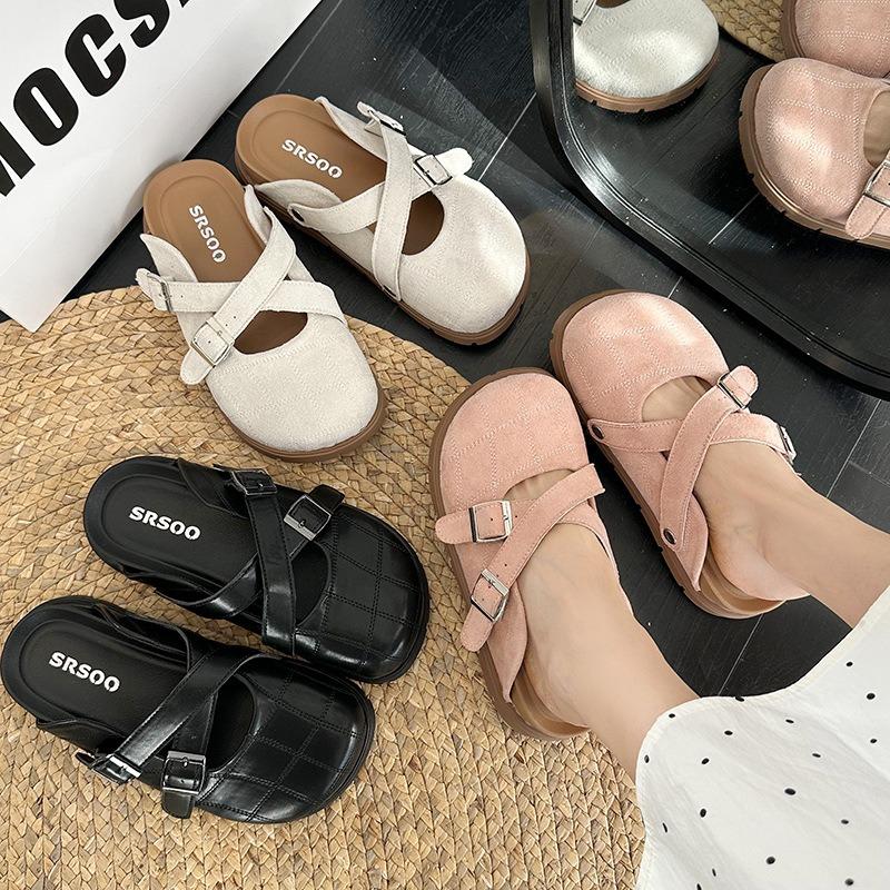 Thick bottom inner height increase girls summer new retro half bag head sandals wear retro bag head slippers women