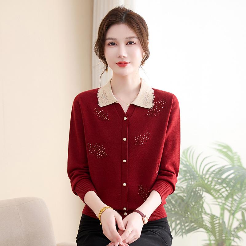 Autumn Stripe Knit Lapel Top for Middle-Aged and Elderly Women - New 2026 Style