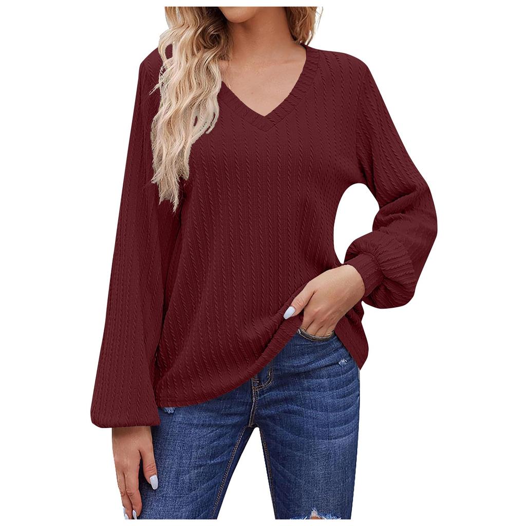 Women's Casual Loose Fitting Solid V-neck Long Sleeved V-neck T-shirt Women's Top