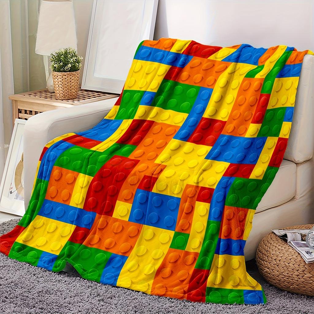 1 Colorful Lego Block Flannel Blanket 2D Flat Print Fun Home Essential Bedroom Couch Blanket Stylish Functional Cozy Kids-Themed
