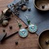 Turquoise Bohemian Owl Feather Tassel Earrings - Bronze Geometric Carved Design with Palm and Dreamcatcher Elements