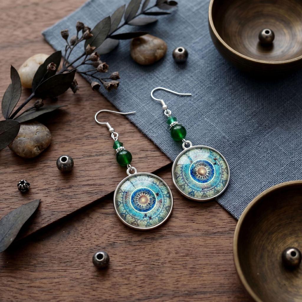 Turquoise Bohemian Owl Feather Tassel Earrings - Bronze Geometric Carved Design with Palm and Dreamcatcher Elements