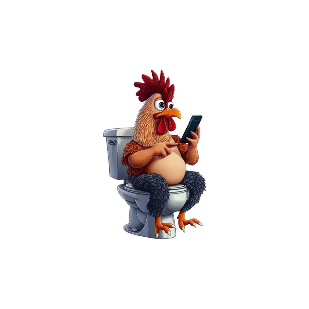 Creative Rooster Watching Phone Toilet Lid Sticker for Bathroom Cabinet Wall Decor