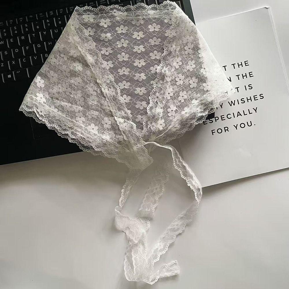 Fashion White Woven Floral Lace Hair Scarf Wraps Breathable Sweet Triangle Headscarf Retro Hair Band Photo