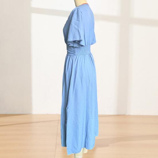 Women's Summer Dress, V Neck Short Sleeve Long Dress, Flowy A-line Slit Beach Sundress, Formal Cocktail Wedding Guest Dress