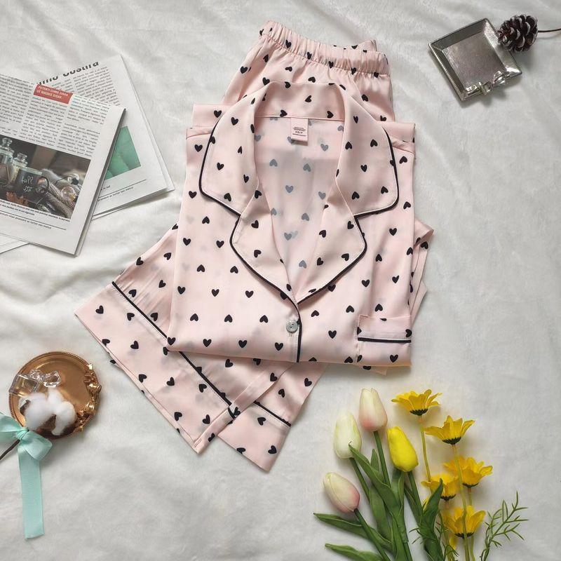 Vido Artificial Silk Silks and Satins Pajamas Women's Pink Small Heart Long Sleeves Pants Comfortable Homewear Spring/Autumn/Summer Secret