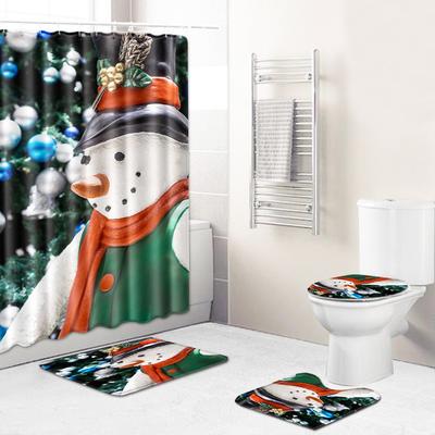 Noel Duş Perdesi Yer Paspası Kombinasyonu Dört Parçalı Set Banyo Tuvalet Halısı Duş Odası Paspası Ayak Paspası