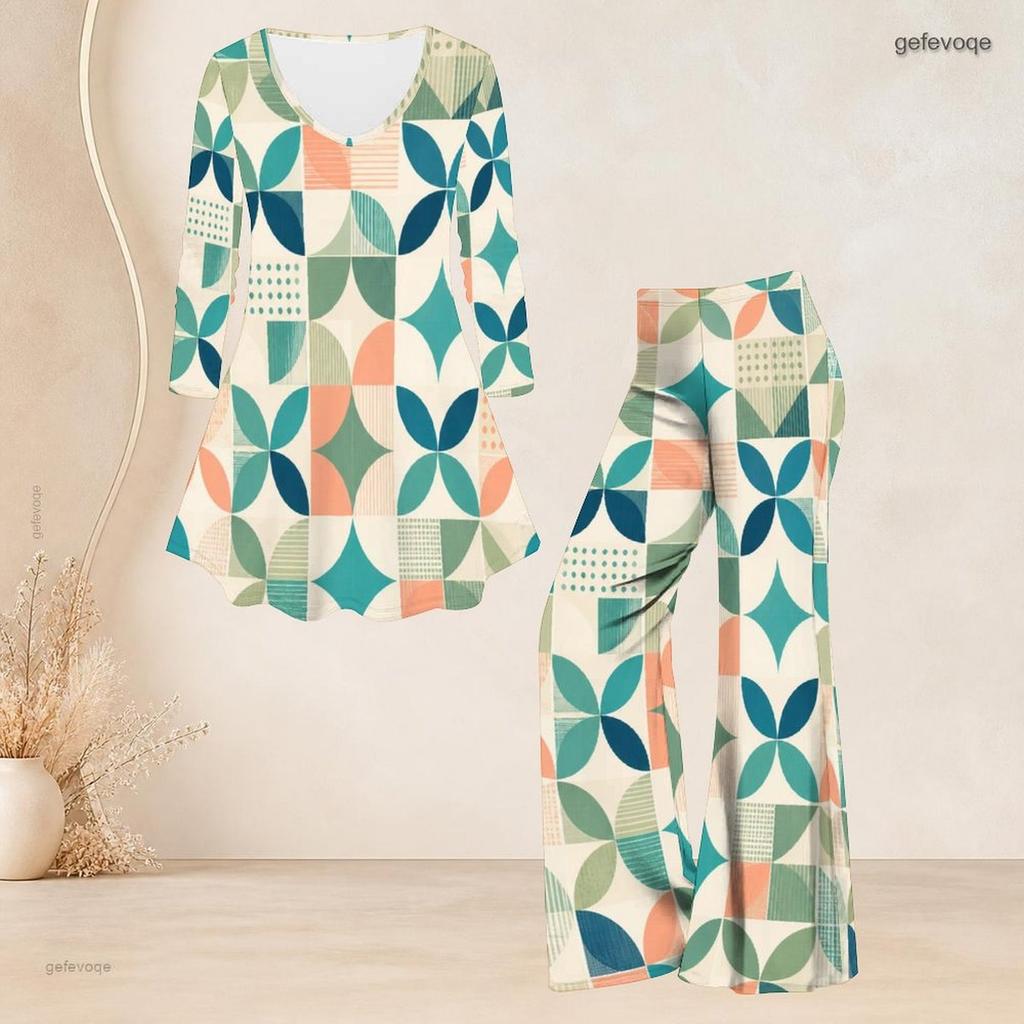 Women Plus Size V Neck Three Quarter Sleeve Printed Flared Top And Flared Pants Two Piece Set