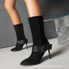 Women'S High-Heeled Mid-Boots Pointed-Toed Thin-Heeled Fashion Belt-Buckled Boots Autumn And Winter All-Match Boots