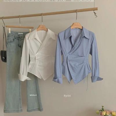 Women's 2024 Large Irregular Waist Striped Shirt with Long Sleeves and Lapel Collar