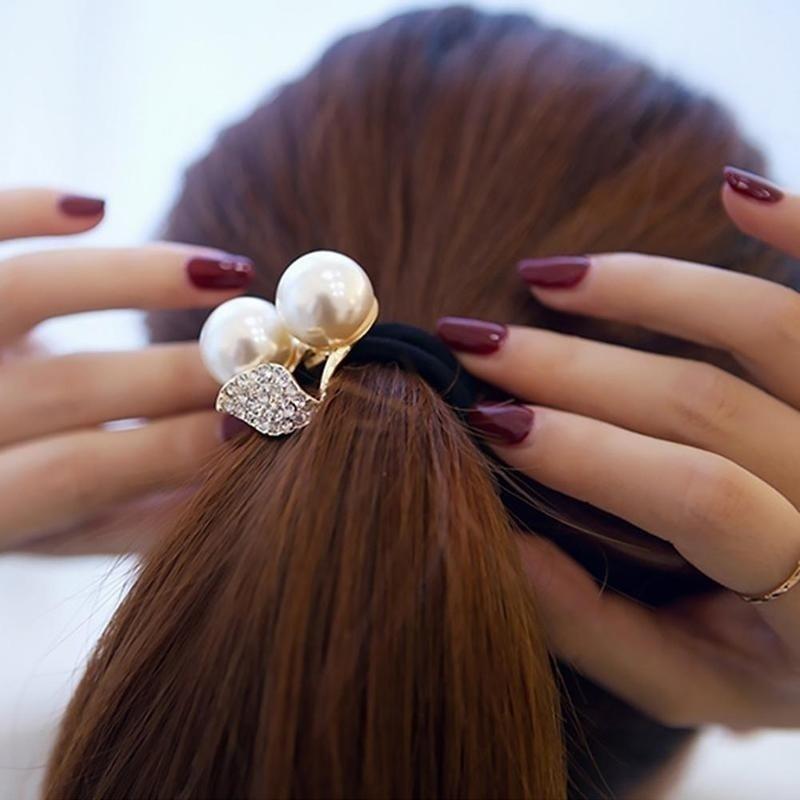 1Pc Women Girls Cherry Leaves Pearl Fashion Hair Rope Ladies Red and White Hair Accessories (Color Random)