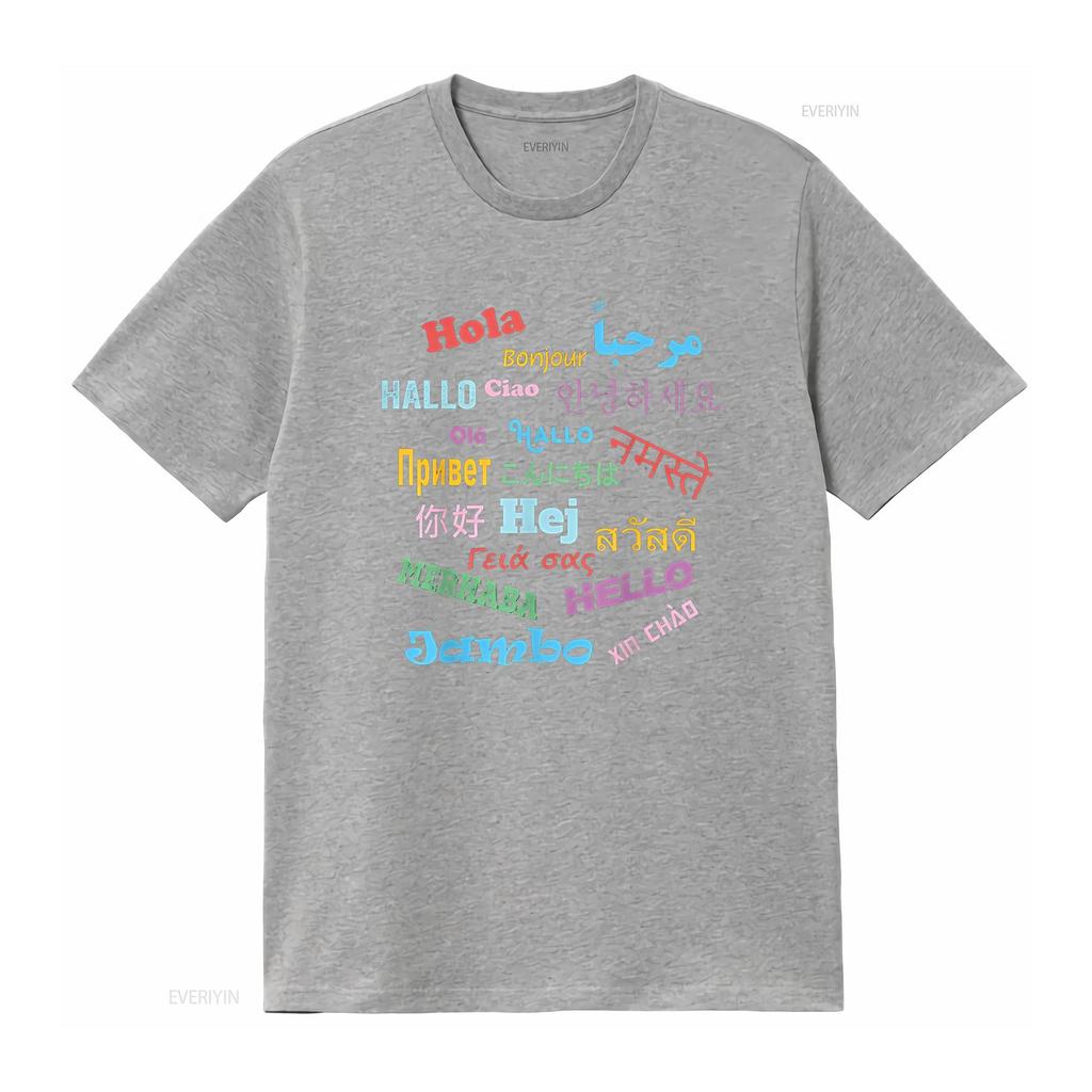 Hello Word In Different Languages Travel and Teacher T Shirt Vintage Washed Casual Soft Streetwear Fashion Stretched Unisex
