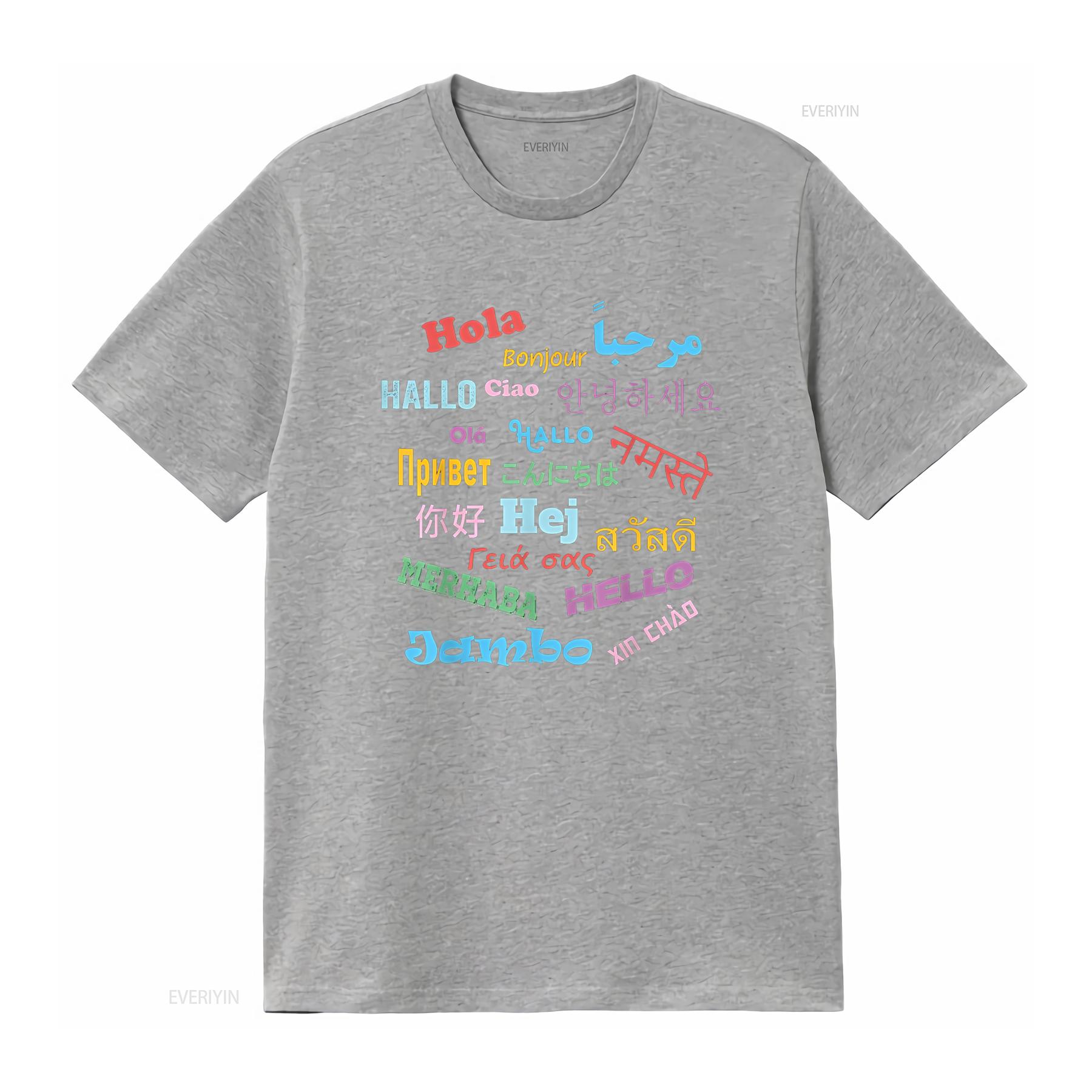 Hello Word in Different Languages Travel and Teacher T Shirt vintage Washed Casual Soft streetwear fashion Stretched Unisex S