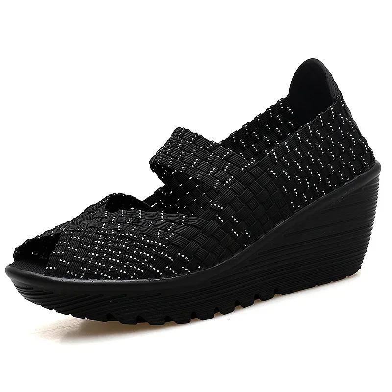 Keilabsatz-Plateau-Websandalen Mode Peep Toe Bequem Atmungsaktiv Mama-Schuhe Damen Casual Dicke Sohle Sandalias Mujer 2024