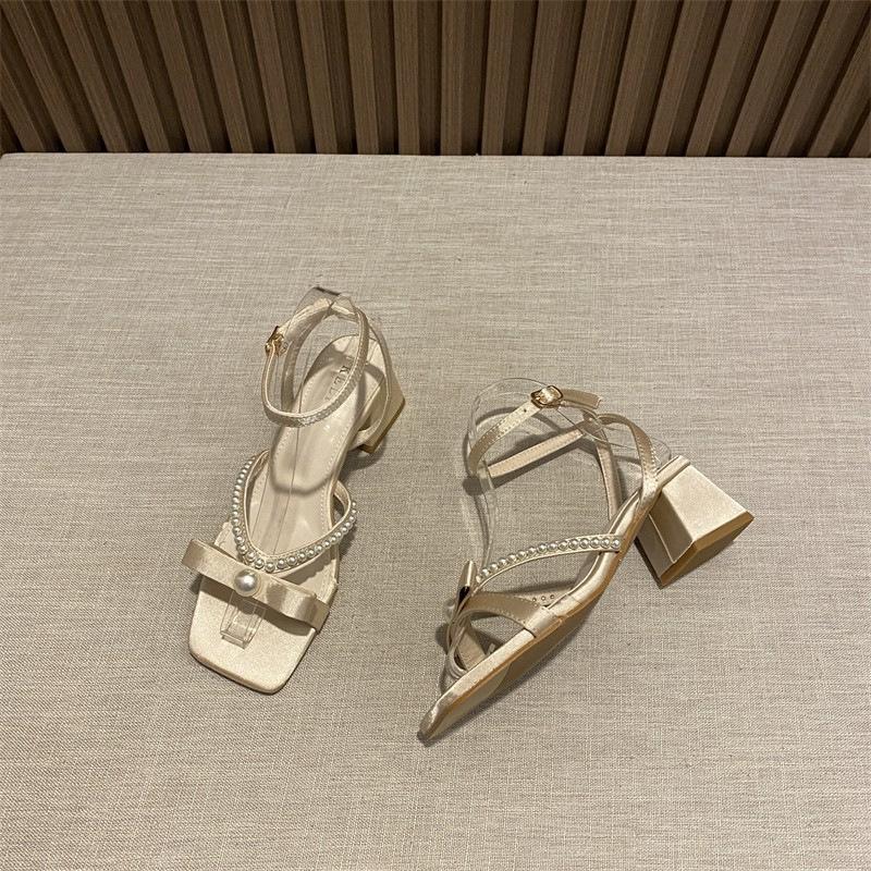 Thick Heel Elegant Satin Pearl One-word Sandals Summer 2025 Versatile Fashion French Fairy Sandals