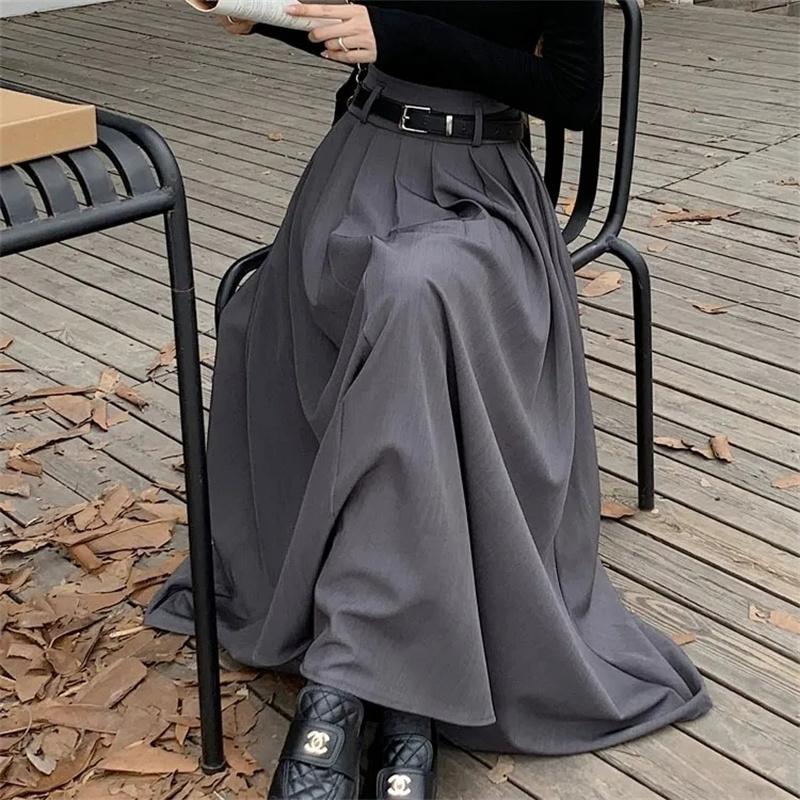 

Women High Waist Jupe Korean Pleating Swing Skirt Vintage Fashion Spring Office Falda Holiday Loose Solid Long Skirt XS сірий