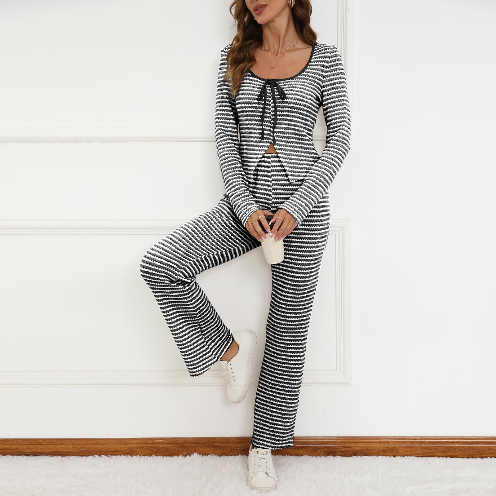 

Ladies Casual And Fashionable Striped Wide-leg Lace-up Suit S чёрный