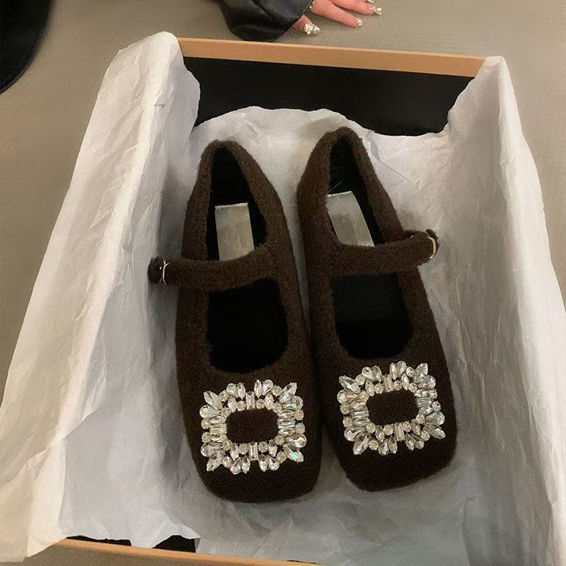 2025 Winter New Inner Height Increase Gray Outer Wear Mary Jane Fluffy Shoes Women's Rhinestone Single Shoes Thick-soled Velvet Cotton Shoes