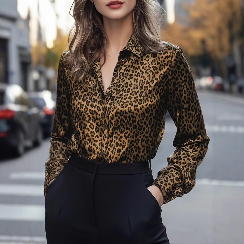 Womens Satin Print Long Sleeve Shirt Leopard Elegant Office Blouse