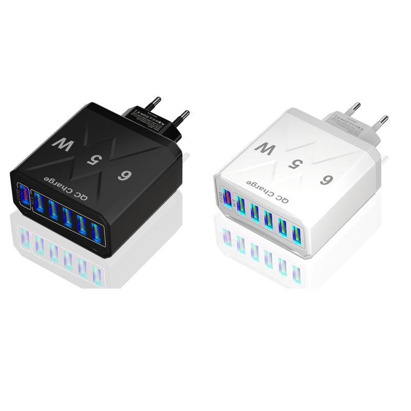 

6-port Wall Mobile Charger 65W High-power QC3.0 Fast Charging Mobile Power Adapter for IPhone 14 Samsung Xiaomi EU чорний