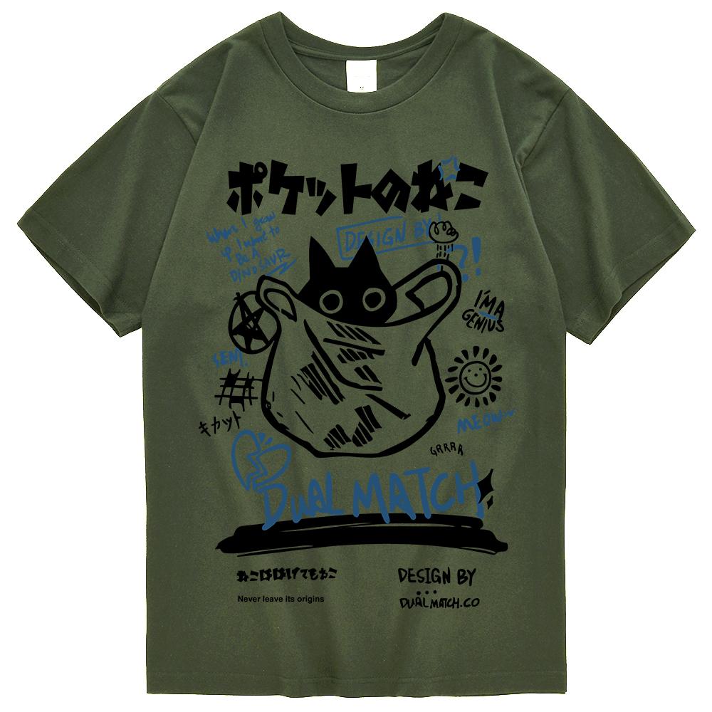 Men Women T Shirt Hip Hop Streetwear Japanese Kanji Harajuku Funny Cat T-Shirt Summer Short Sleeve Top Tees Cotton Couple Tshirt