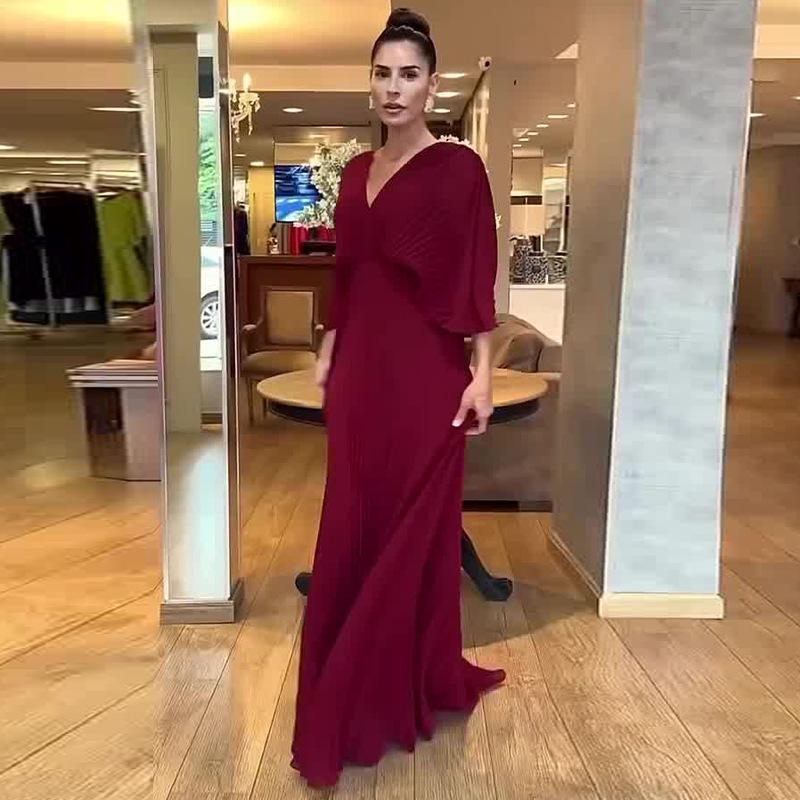 Women's Solid V Neck Batwing Half Sleeve Pleated Maxi Dress High Waist Formal Evening Gown XS-3XL
