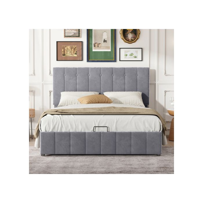 Lit Double Avec Rangement - MUVOE - 140x200 Cm - Tête De Lit Rembourrée - Pliant Hydraulique - Gris