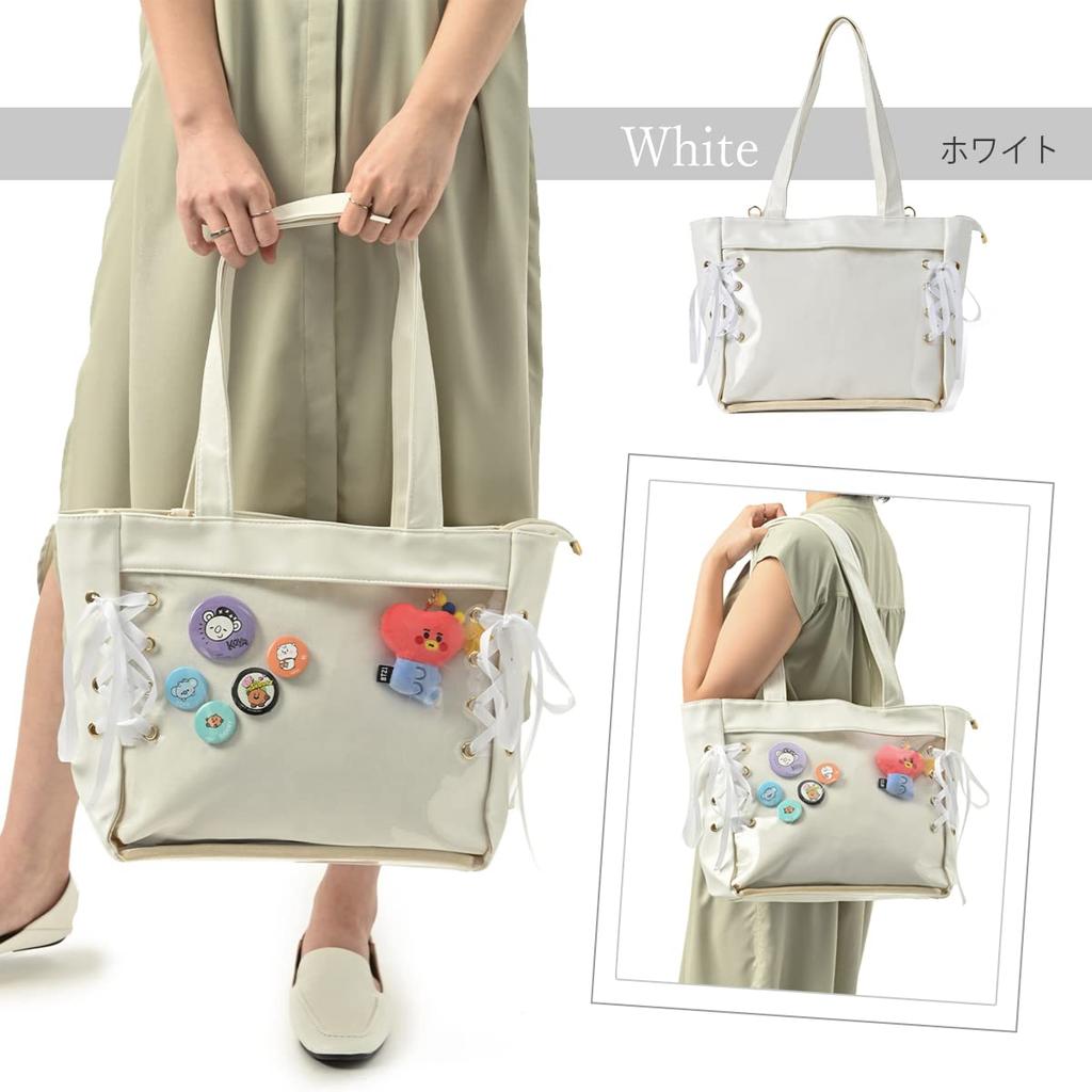 Across Ita Bag, Cute Lace-Up Shoulder Tote, Transparent Vinyl Bag for Women, A4 Size, Ribbon (White)