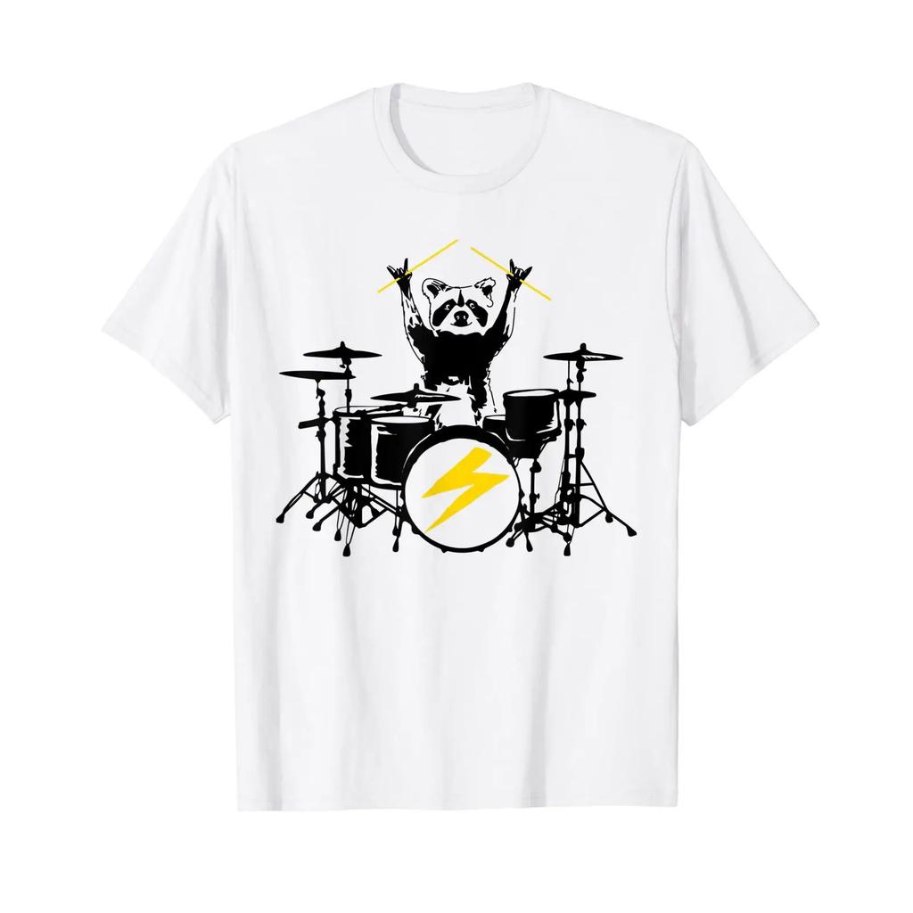 Funny Racoon Playing Drum Kit T Shirt Vintage Casual Top For Everyday Wear Streetwear Stylish Soft Unisex