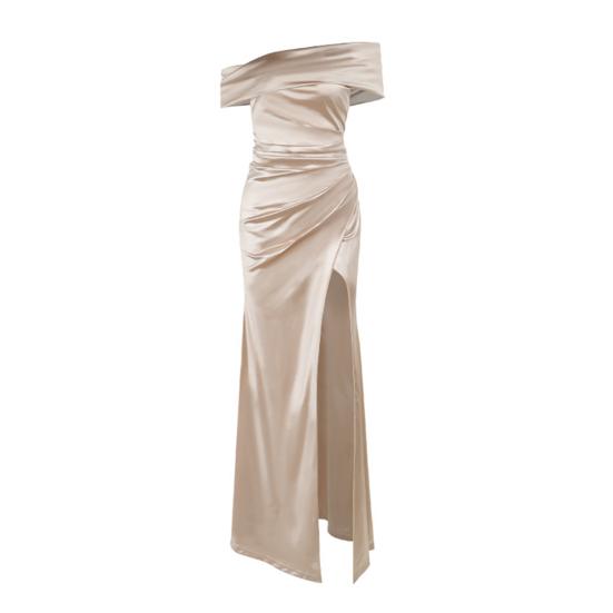 Prom Dress for Women Off Shoulder Satin Evening Party Formal Gown High Slit Cocktail Wedding Guest Maxi Dress