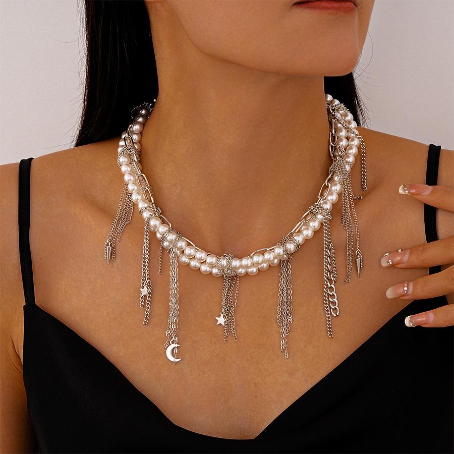 Personalized moon star chain tassel multi-layer imitation pearl necklace exaggerated temperament necklace