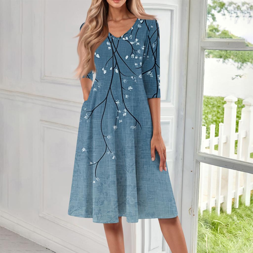 Women's Casual Fashion V Neck Three Quarter Sleeve Print Midi Dress