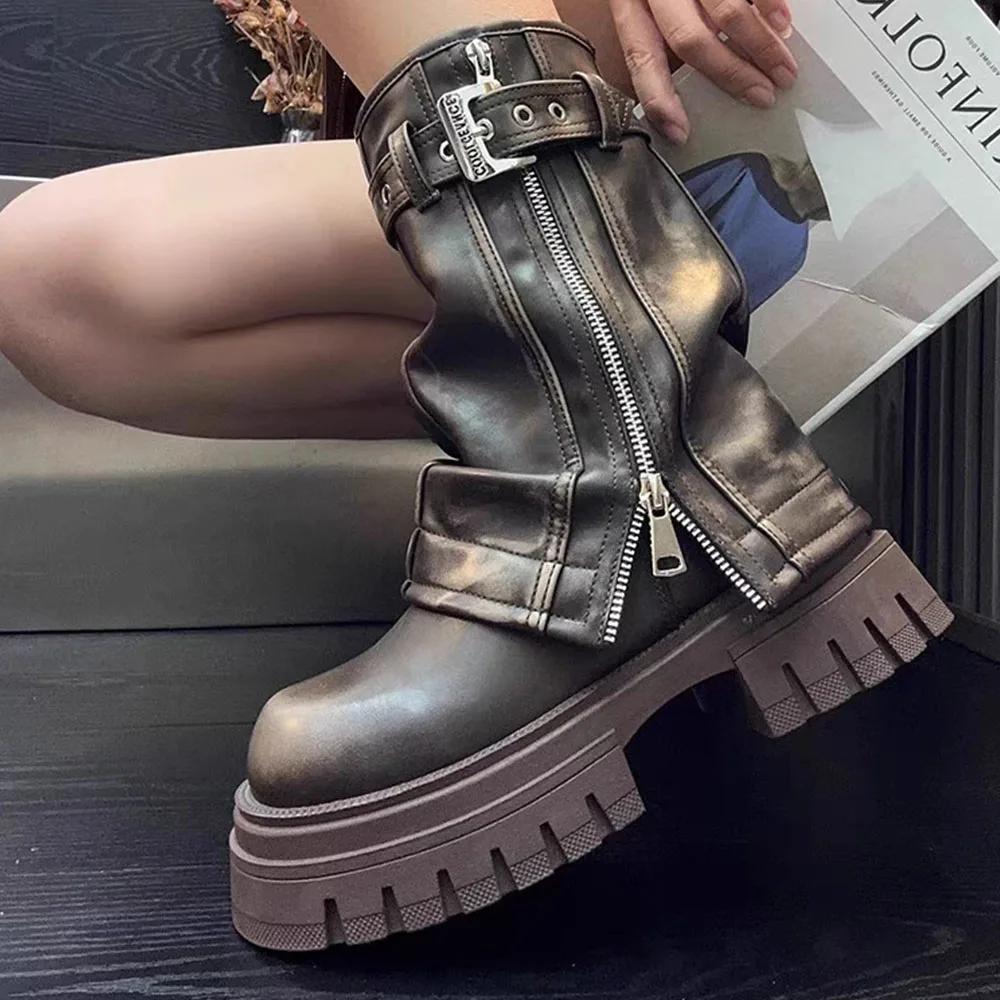 Fashion Brand Desinger Knight Women Mid Calf Boots Chunky High Heeled Platform Punk Motorcycle Long Booties Goth Street Shoes For Women