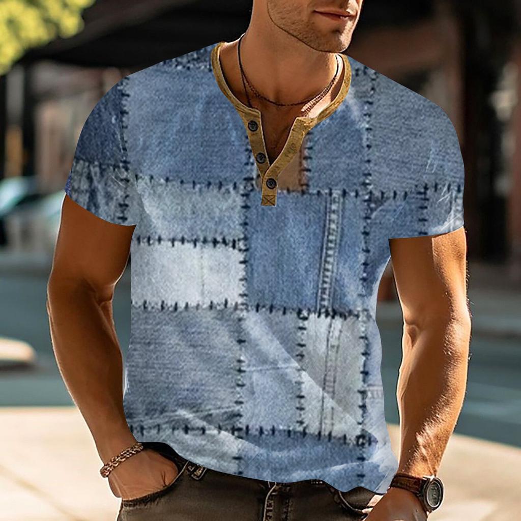 Men'S Printed T-Shirt Outdoor Retro Button Loose Short Sleeve Top
