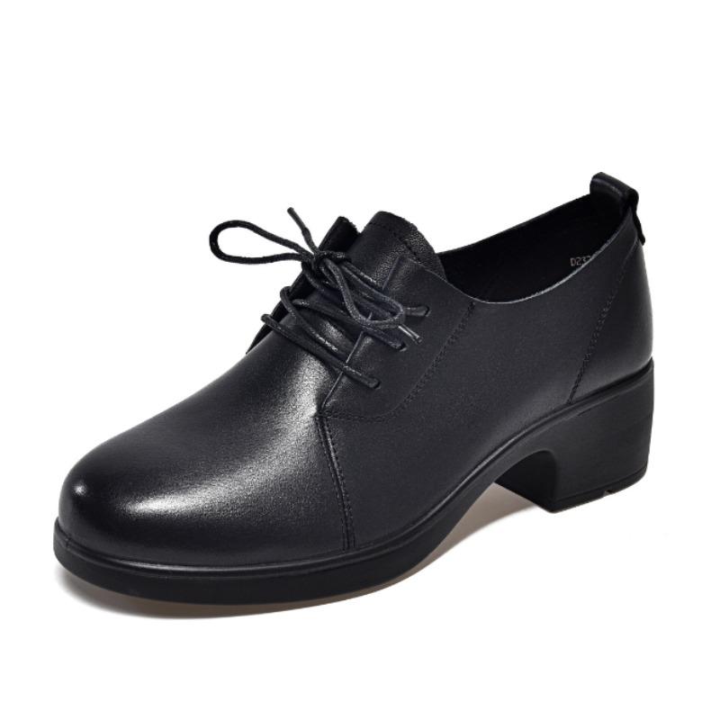 Women Round Toe Lace Up Genuine Leather Shoes 2026 Black Cowhide Thick Heel Work Shoes Women British Style Loafers Oxford Shoes