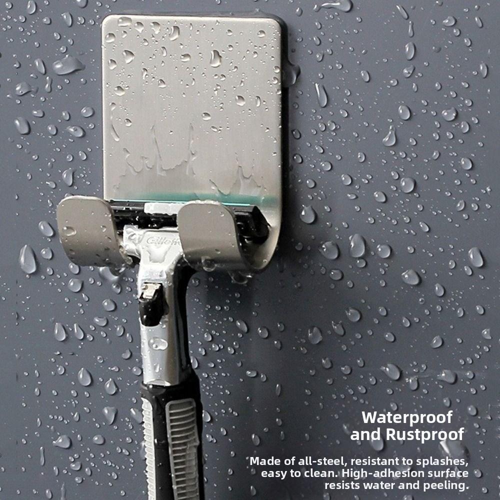 2Pcs Self Adhesive Stainless Steel Razor Holder Double Hook Waterproof Wall-Mounted Shaver Hook Space Saving Rust-proof
