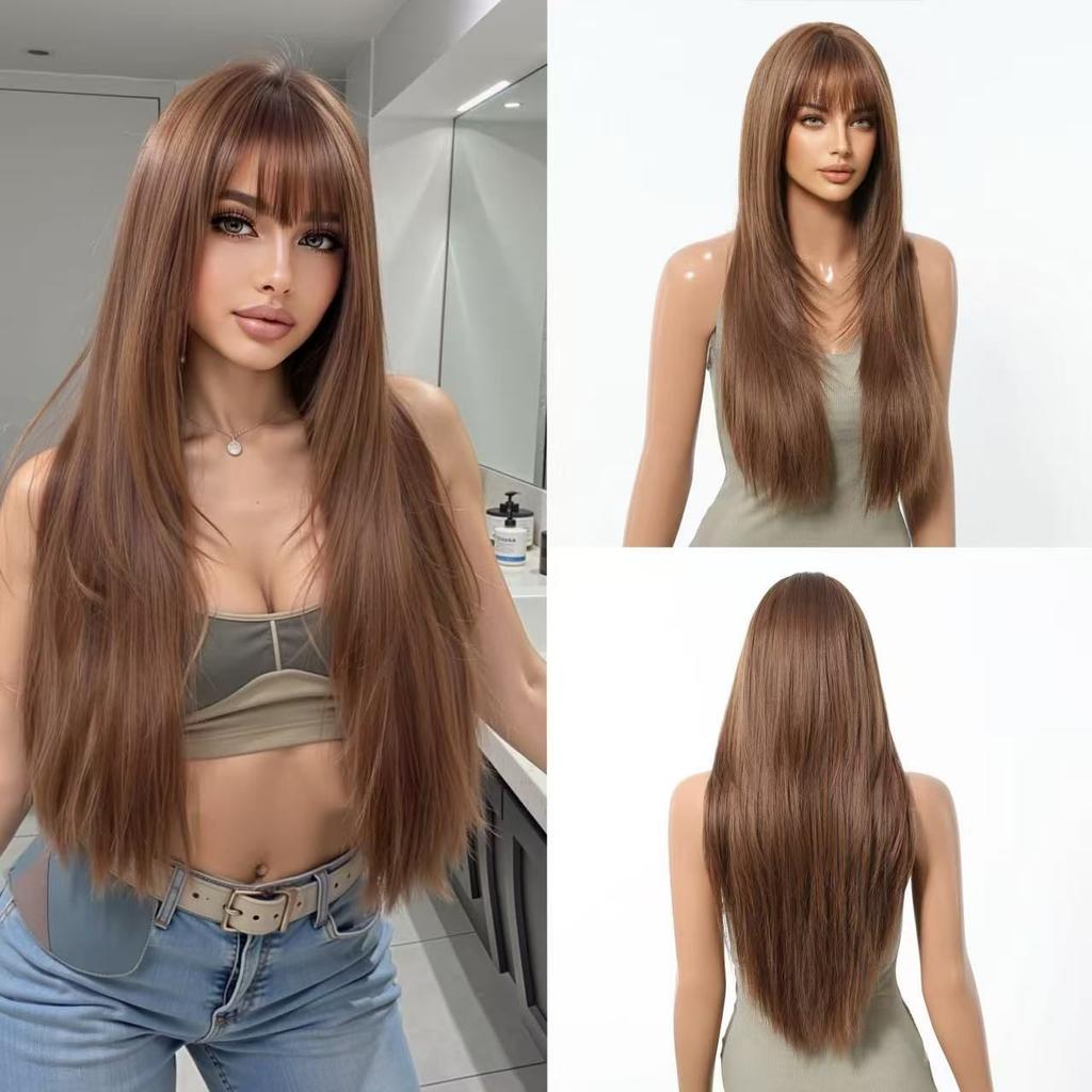LOUIS FERRE Synthetic Fiber Wig For Women Long Straight Silky Daily Elegant Wigs Black Brown Fake Hair With Bangs High Resistant