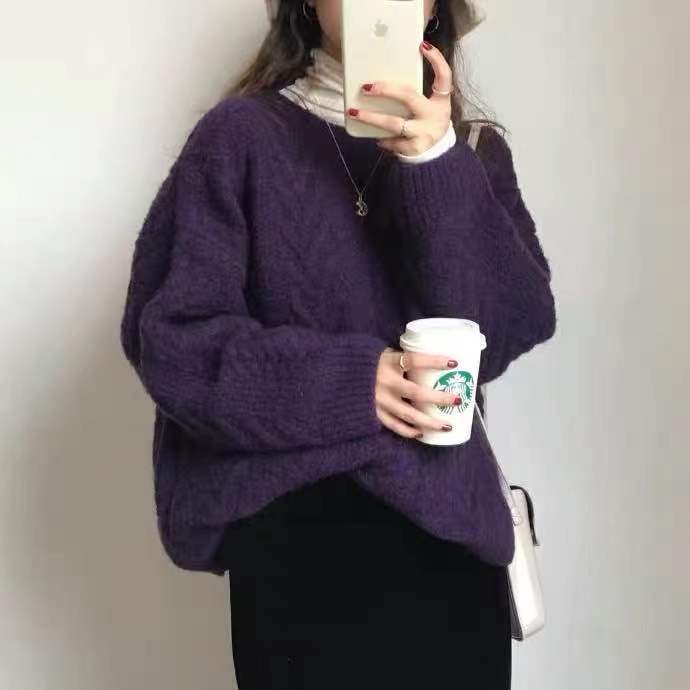 Retro twist gentle wind sweater women wear autumn and winter new round neck pullover lazy loose knitted sweater women