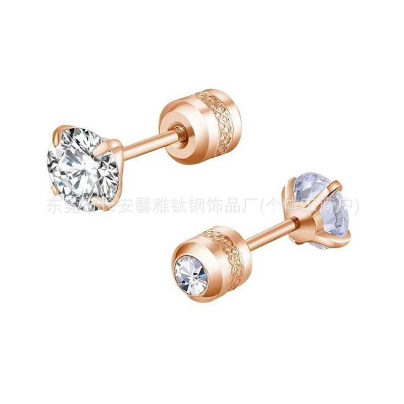 Women Gold Tone Titanium Steel Round Clear Zircon Screw Back Stud Earrings