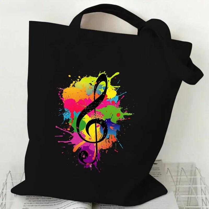 Music Heartbeat Printed Canvas Bag Shoulder Bag Folding Bag Handheld Shopping Bag Large Capacity Durable Eco Friendly Bag